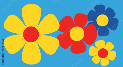 Vibrant blue background with a cluster of colorful abstract flower illustrations in red, yellow, and blue, showcasing a playful and cheerful aesthetic