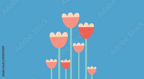 A vibrant display of pink and coral flowers blooming against a bright blue background, celebrating nature's beauty