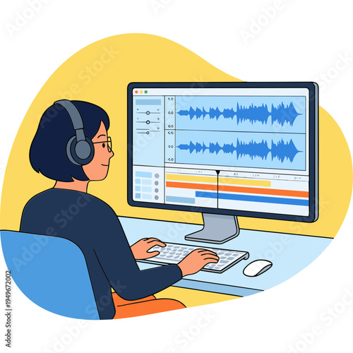 A woman wearing headphones sits at a desk working on a computer with audio waveform software.