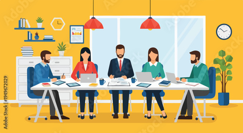 A diverse team of five professionals collaborates around a table in a bright, modern office setting, utilizing technology and taking notes.
