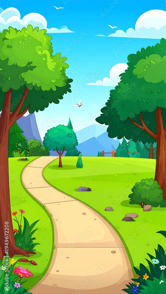 Fototapeta premium Serene Cartoon Pathway Through Green Landscape.