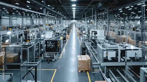 A long, wide shot of a modern, automated factory floor with machinery, conveyor belts, and stacked boxes in an industrial setting.