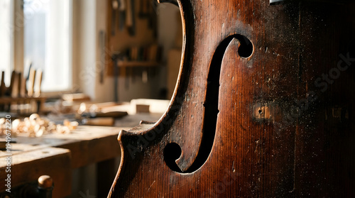 Violin making workshop with wooden instrument and tools