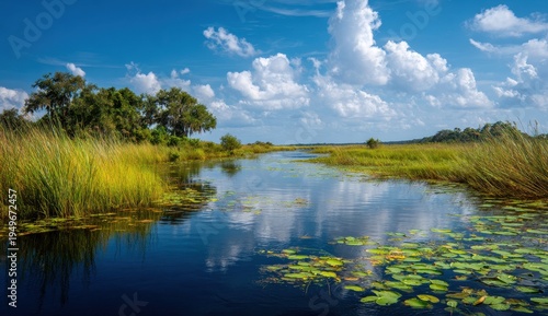 Serene Okavango Delta - Water Reflection, Lush Grass, and Dramatic Sky.
