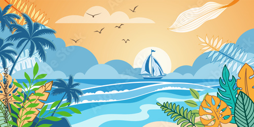 Vector drawing of seascape with the setting sun, sailing yacht, tropical vegetation, vacation at sea, cartoon illustration