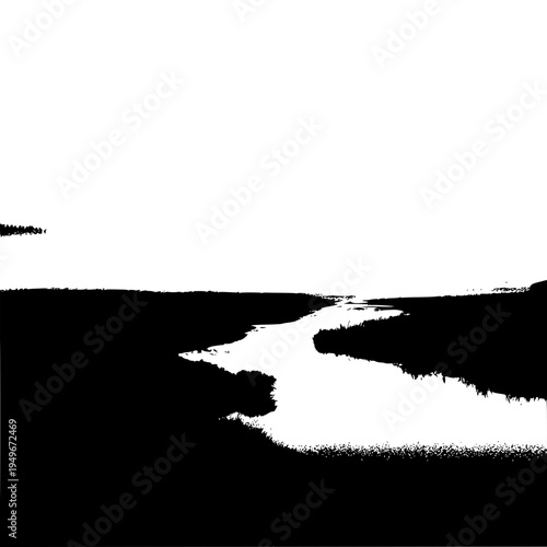 Monochrome river landscape with dark vegetation and bright sky above the horizon line view scene 100