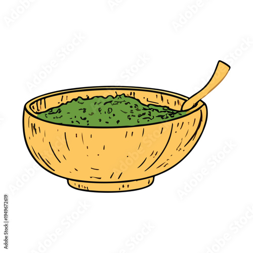 A simple vector illustration of a ceramic bowl with soup and green beans isolated on a white background with a spoon in a traditional kitchen style