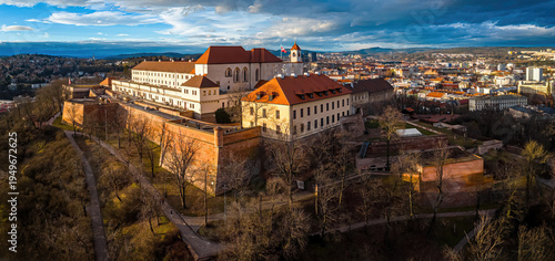 Photography Spilberk Castle and historic rooftops at sunset, Brno, Czech Republic skyline