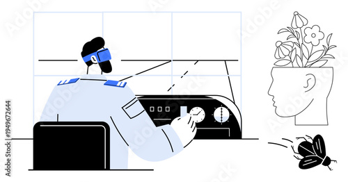 Pilot managing aircraft controls in a cockpit. Head with blooming flowers symbolizing creativity and growth. Ideal for innovation, mindfulness, aviation, leadership, imagination, progress, and focus