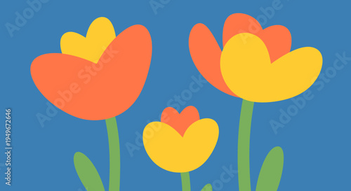 A vibrant digital illustration featuring three colorful tulips with orange and yellow petals against a solid blue background, perfect for spring themes