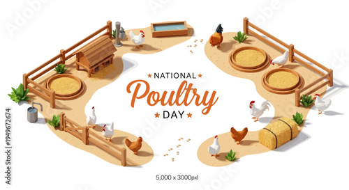 Isometric illustration of a poultry farm on National Poultry Day, showcasing chicken farming business operations with farm animals, coops, and farming equipment.