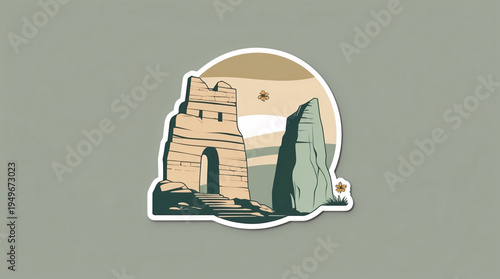 Elegant sandstone canyon hill illustration sticker art inspired by Petra scenery in dark blue and purple color wallpaper background