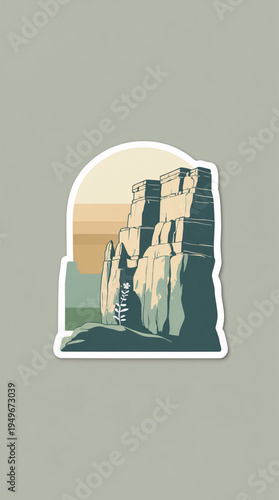 Historic desert valley hill sticker artwork illustration inspired by Petra wonders in dark blue and purple color wallpaper background