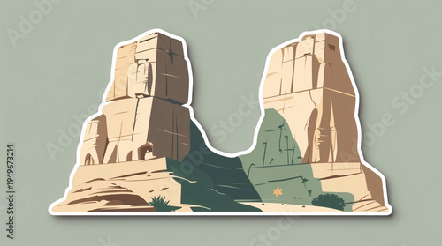 Trendy Petra rock canyon landscape sticker artwork with historic atmosphere in dark blue and purple color wallpaper background