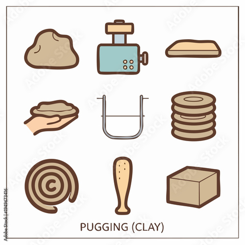 Clay pugging tools and shapes set diagram.