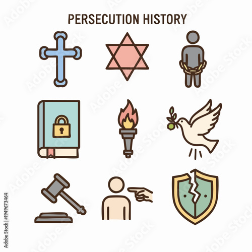 illustration of persecution history symbols and icons.