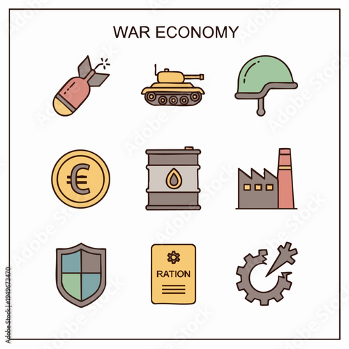 Iconic symbols illustrating war economy and military industry.