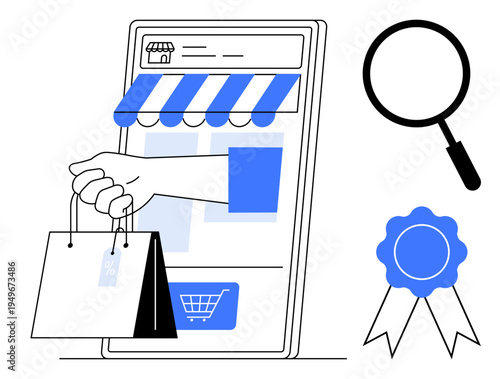E-commerce concept. E-commerce visuals showing online shopping, a digital storefront, customer experience, and product quality assurance. For retail, marketing, tech, mobile apps and business growth