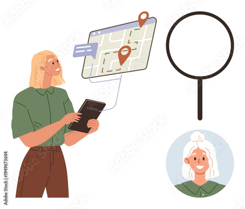 Navigation, geolocation, travel planning, finding people, online search, user profile identification. Woman holding a device, digital map interface magnifying glass profile image. Navigation