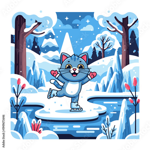 Cute Cartoon Cat Ice Skating on Frozen Lake in Winter Snowy Forest Landscape Vector Illustration