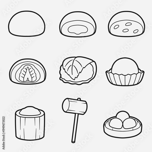 set of mochi good with outline style good for icon, element design, coloring book, etc