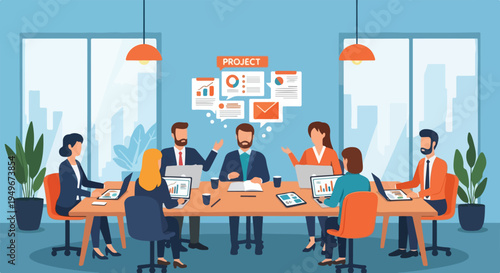 A diverse team of professionals collaborates around a meeting table, discussing project details and ideas with digital tools.