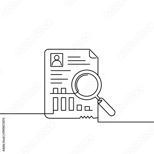Continuous line drawing of a resume being analyzed with a magnifying glass.
