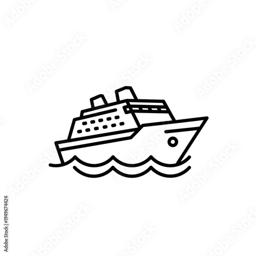 Simple Line Art Icon of a Cruise Ship Sailing on Wavy Water.