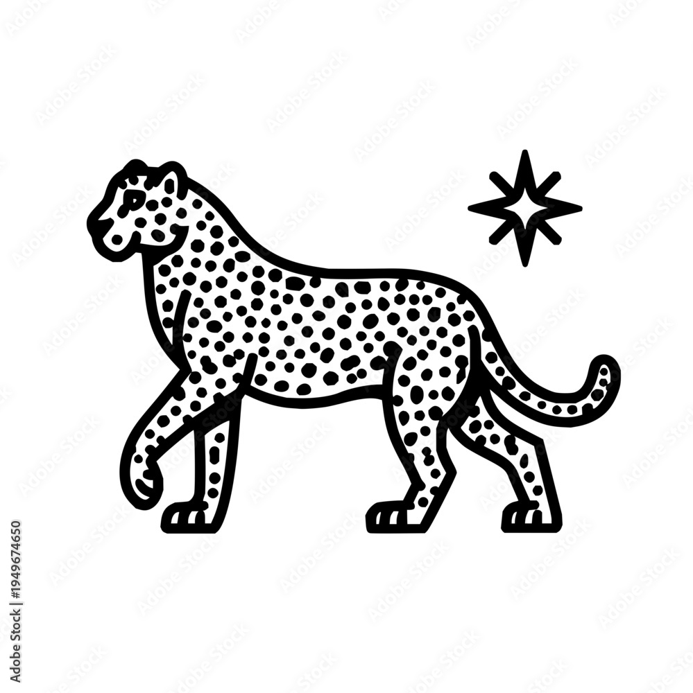 Fototapeta premium A black and white drawing of a spotted leopard walking next to a star with eight points on a white background