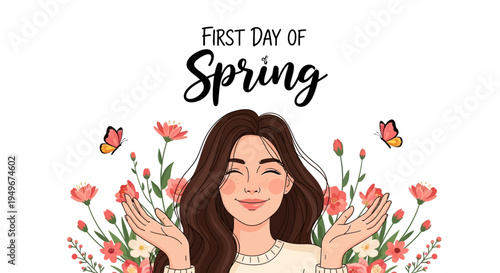 Illustration of a woman surrounded by blooming flowers and butterflies on the first day of spring with vibrant colors.