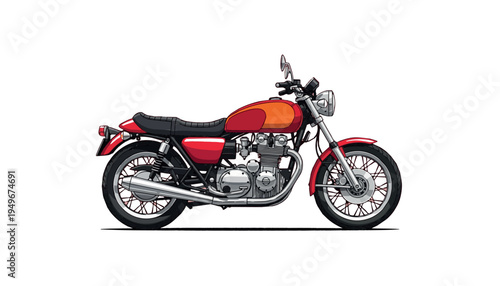 Red and orange vintage style motorcycle is isolated on a pure white background for easy graphic placement.