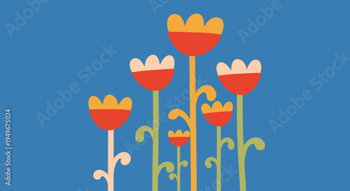 Charming and minimalist digital illustration featuring a vibrant cluster of stylized red and yellow flowers blooming against a cheerful, serene blue background, celebrating natural growth and beauty