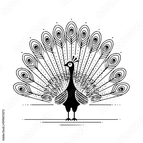 Stylized peacock with elaborate feather display in black and white line art illustration style design