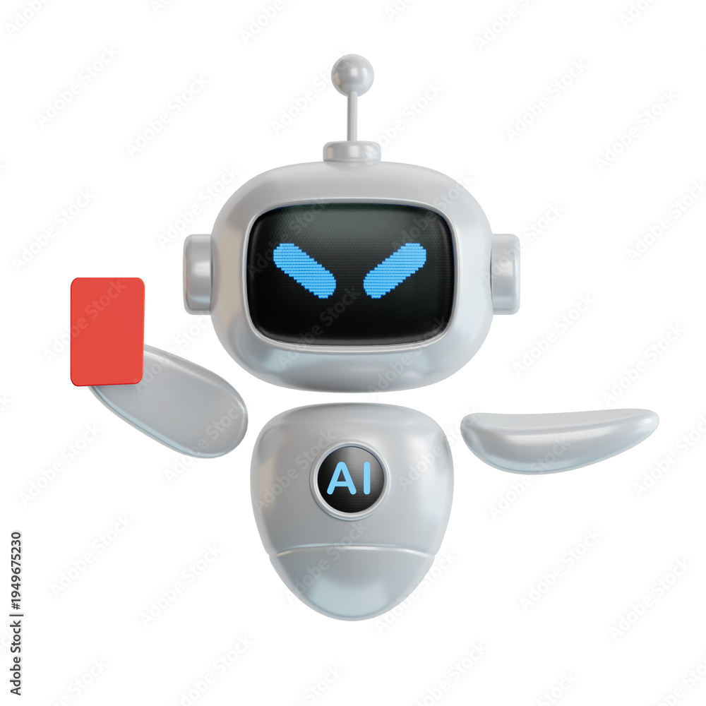Obraz premium 3D illustration of ai robot Referee showing red card and pointing with his index finger.Transparent Background Mockup.Supports PNG files with transparent backgrounds.