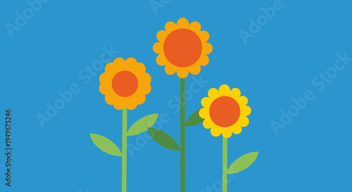 Three cheerful yellow sunflowers in a vibrant blue sky, celebrating the beauty of nature's simplest flower