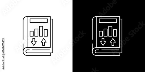 Book with a bar chart and arrows, icon illustrating growth and decline, symbolizing data analysis and financial reports
