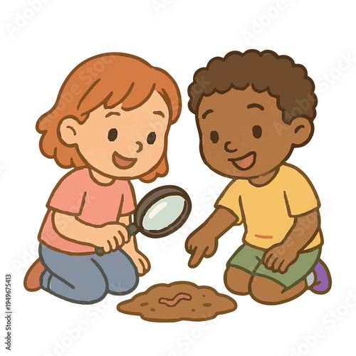Educational vector of a curious boy and girl kneeling on the ground, holding magnifying glasses to observe an earthworm in the soil, exploring nature and learning about life.