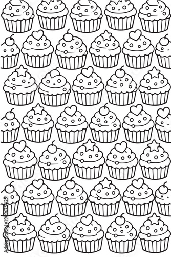 Fun vector background pattern featuring many charming cupcakes with colorful frosting and toppings, creating a cute and delightful dessert themed design.