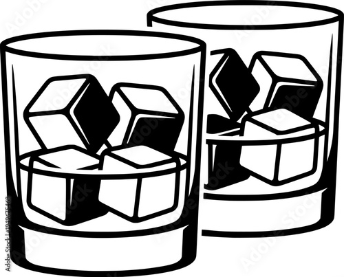 Black and White Whiskey Glasses with Ice SVG Vector Outline
