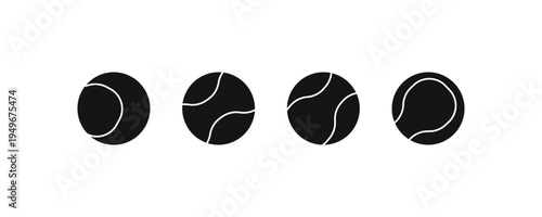 Four tennis balls arranged in a row. Dark gray with white stitching lines. Simple minimalist design. Perfect for sports or game themes. Ideal for digital or print media use