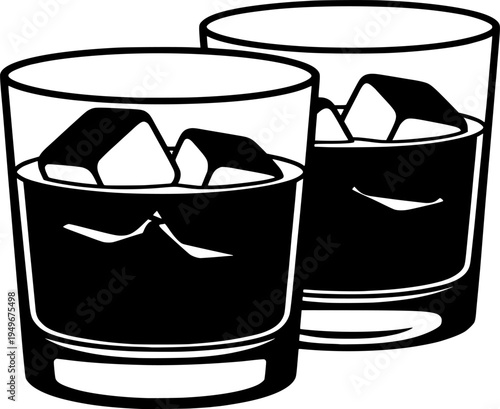 Black and White Whiskey Glasses with Ice SVG Vector Outline

