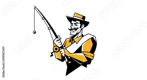 Fisherman with fishing rod vintage style vector illustration