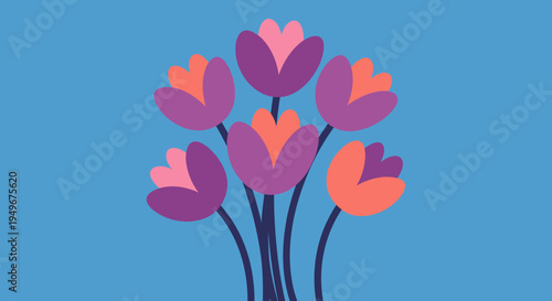 Abstract floral arrangement of purple and orange flowers on a blue background, a simple and elegant design perfect for spring