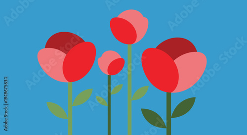 A vibrant illustration of four charming red and pink flowers with green stems, beautifully contrasting against a bright blue background, perfect for spring designs and garden themes