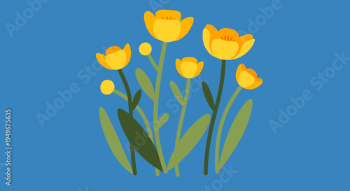 Beautiful springtime yellow flower arrangement with green foliage, blooming brightly against a serene blue background, captured in a delightful flat vector art style