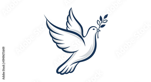 Flying white dove carrying olive branch isolated on white background
