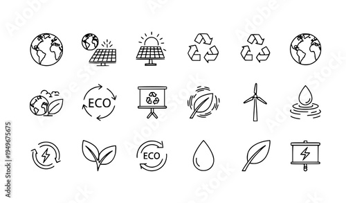 Sustainability line icons vector set with earth solar panel recycling and eco symbols