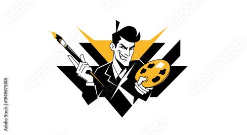 Graphic artist holding paintbrush and palette illustrated on white