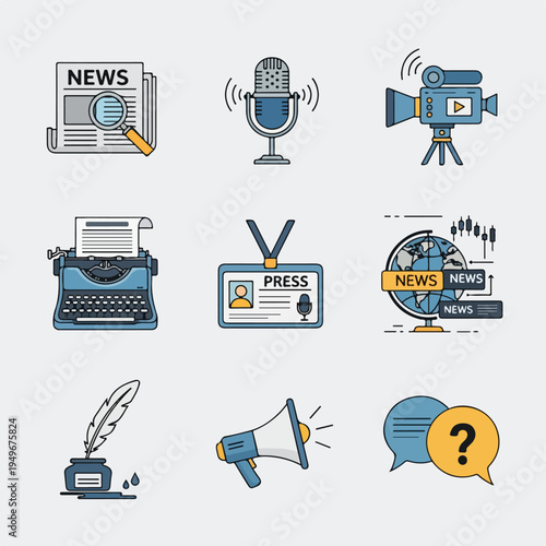 Journalism icons arranged in grid layout