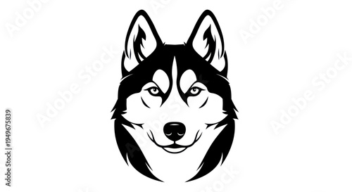 Graphic illustration of a husky dog face in black and white design